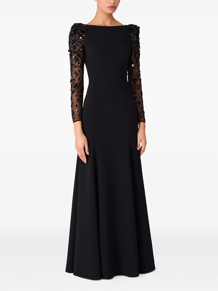 long column dress with embellished sheer sleeves - AUROXIA