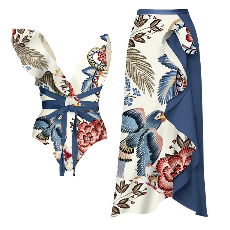 wrap tie-back floral bodysuit with ruffle draped skirt – BLOOM