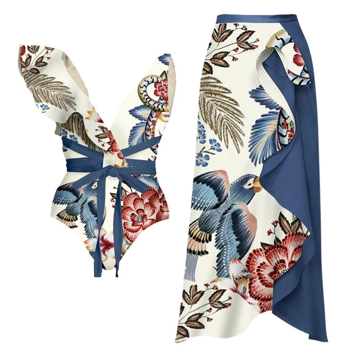 wrap tie-back floral bodysuit with ruffle draped skirt – BLOOM