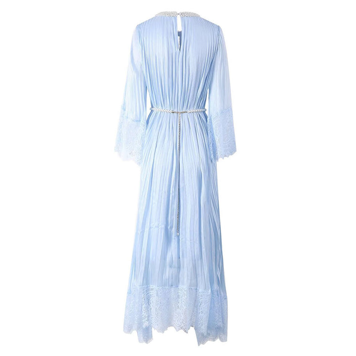 Pleated Maxi Dress with Lace Trim and Pearl Belt – BLUSHERA