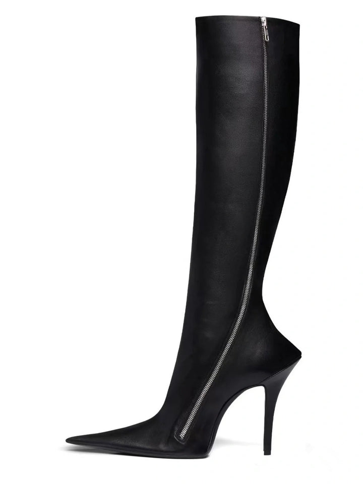 pointed-toe thigh-high stiletto boots in smooth leather – PAVERA