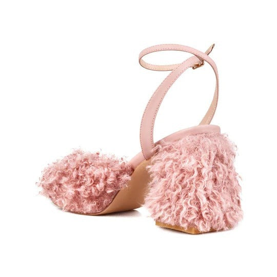 curly faux fur block heels with ankle strap – BELLARIA