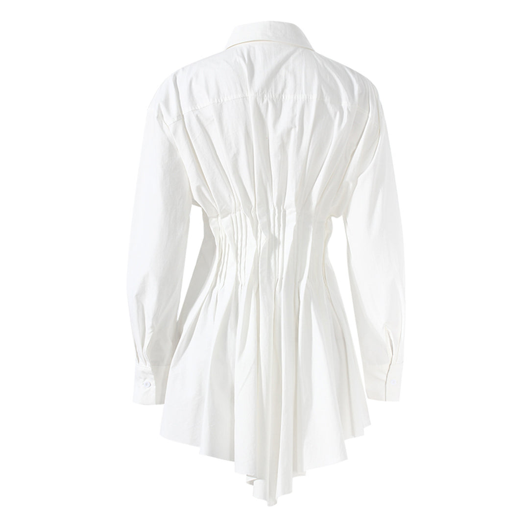 long-sleeve button-down shirt with ruched waist and flared hem – ODD- CLEO