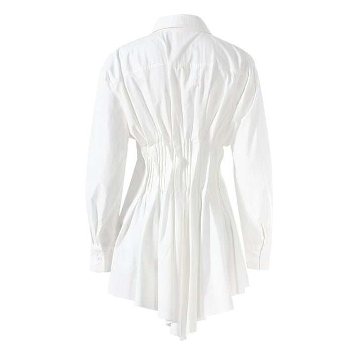 long-sleeve button-down shirt with ruched waist and flared hem – ODD- CLEO