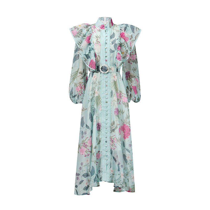 floral maxi dress with ruffled shoulders - ELARA