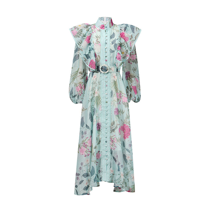 floral maxi dress with ruffled shoulders - ELARA