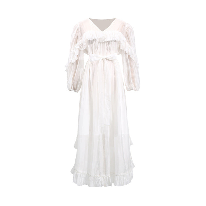 Ruffled Chiffon Midi Dress with Waist Tie – LILACYN