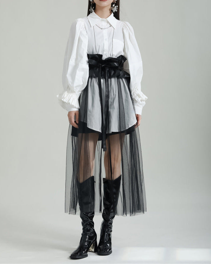 sheer tulle overlay skirt with voluminous shirt and corset belt - YUMI