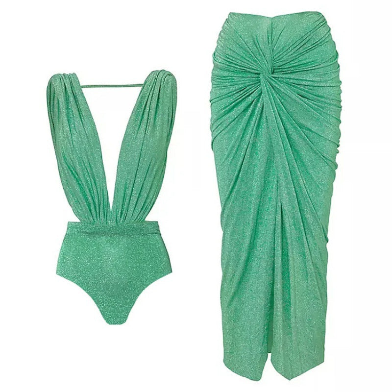 deep plunge shimmer one-piece with ruched wrap skirt – SHIMMER