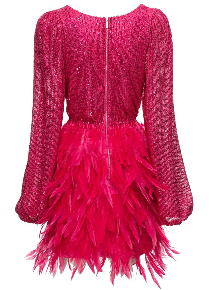 long sleeve sequin mini dress with feathered skirt - SORAYDA