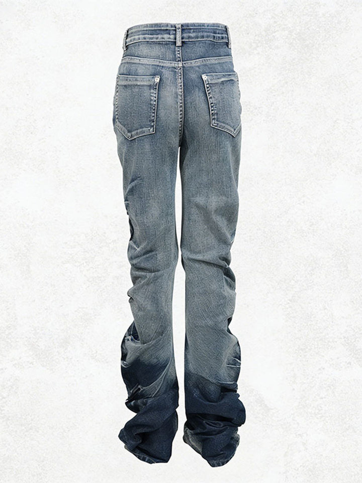 Vintage Wash High Waist Stacked Denim Jeans with Button Fly - RAVEN