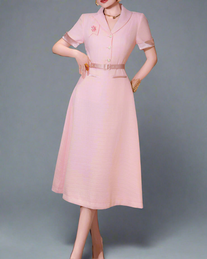 korte mouw midi jurk met 3D bloemenapplicaties - BLOOMIQ 