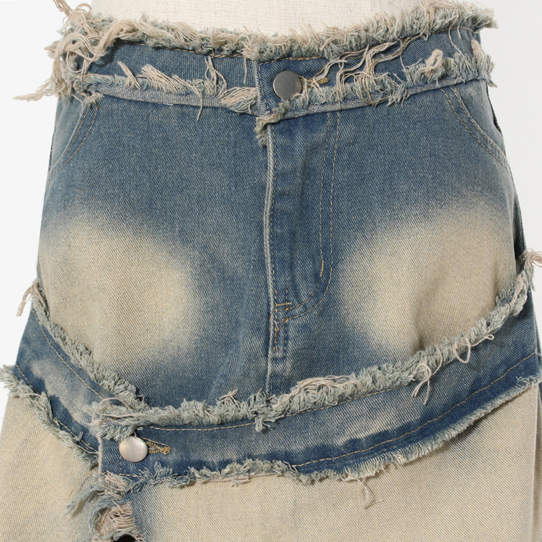 distressed denim maxi skirt with raw slit - Balthah