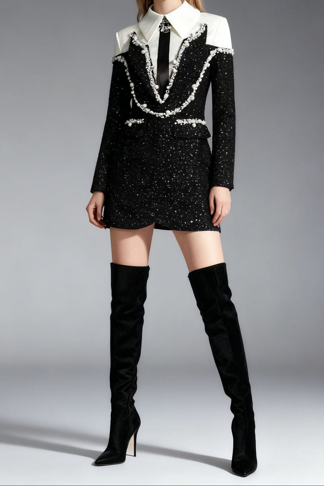 embellished tweed mini dress with pearl-trimmed lapel – VIONA