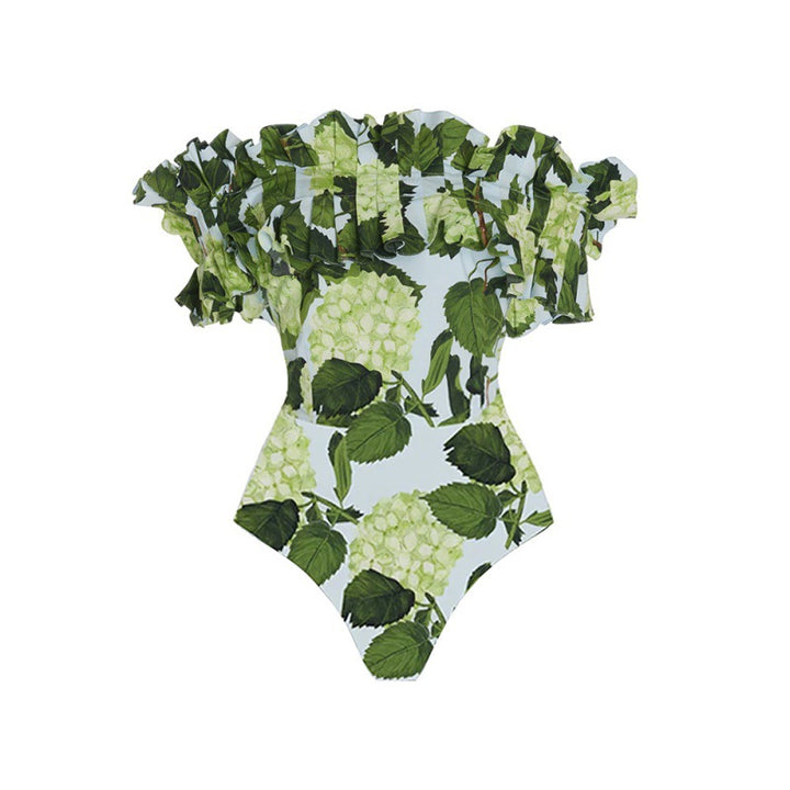 off-shoulder hydrangea print bikini set with maxi skirt – GREEN