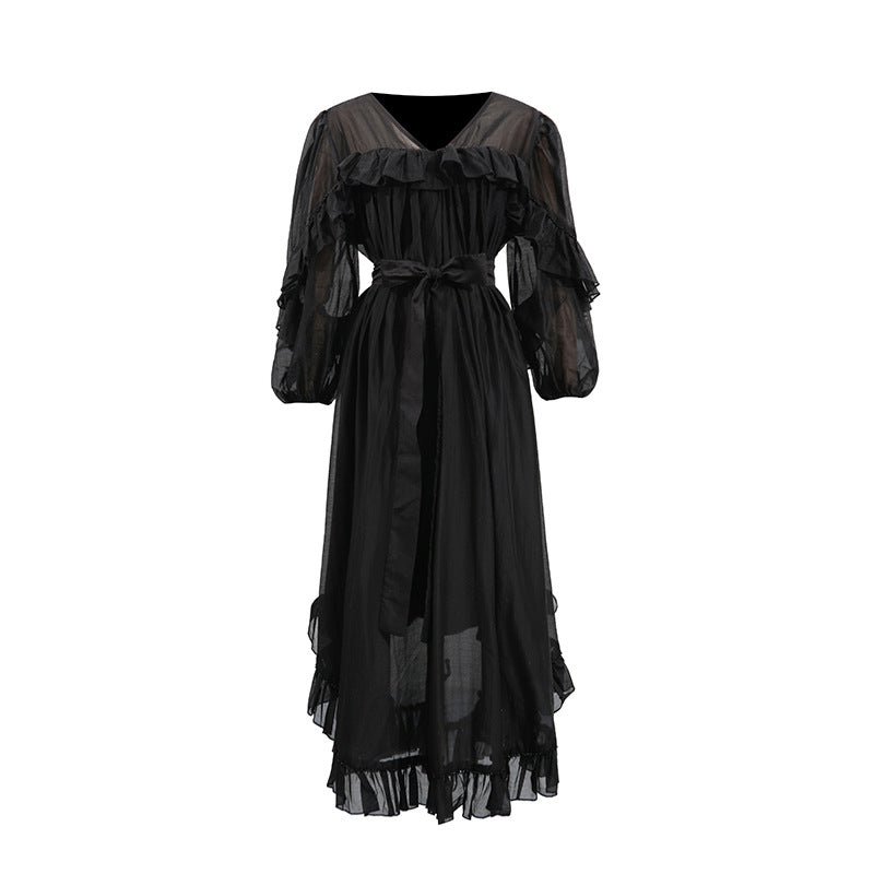 Ruffled Chiffon Midi Dress with Waist Tie – LILACYN