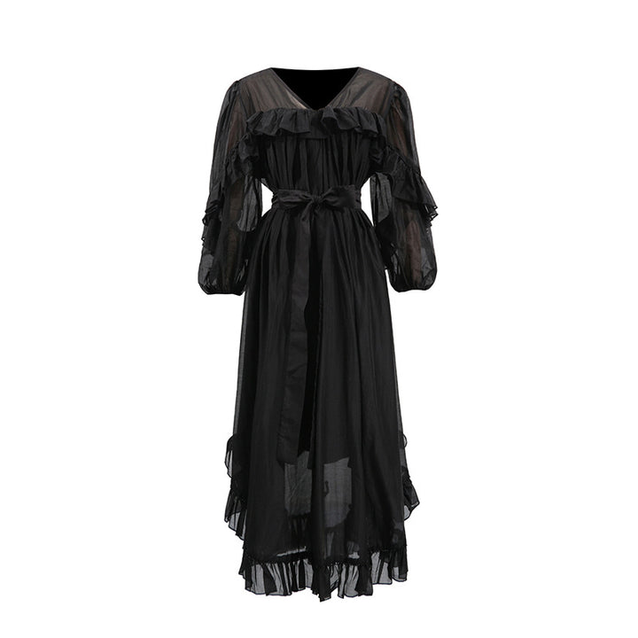 Ruffled Chiffon Midi Dress with Waist Tie – LILACYN