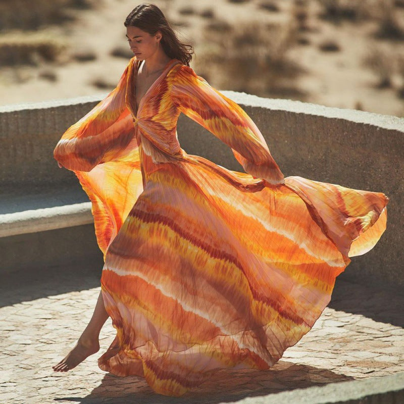 pleated cut-out one-piece with maxi flow skirt – SUNSET