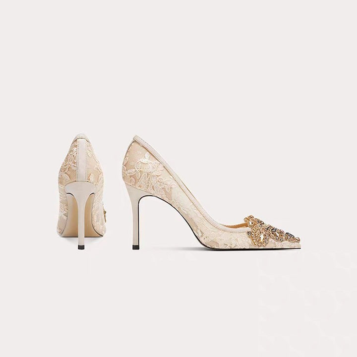 lace stiletto heels with embellished pointed toe – AMASATI