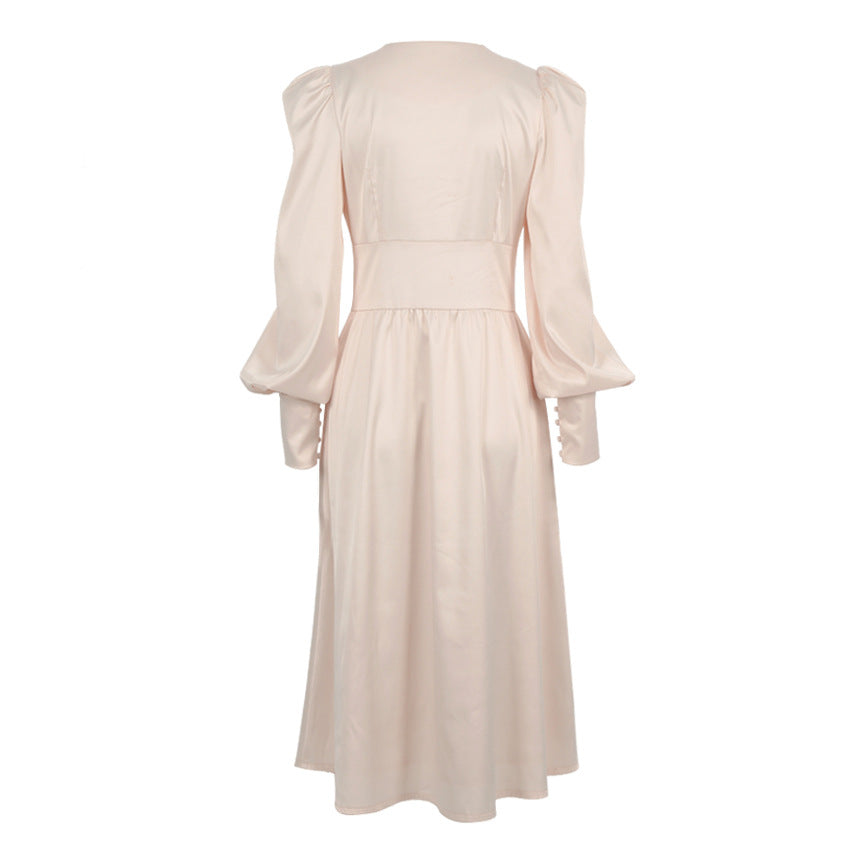 Satin button-front midi dress with puff sleeves – VELVENA