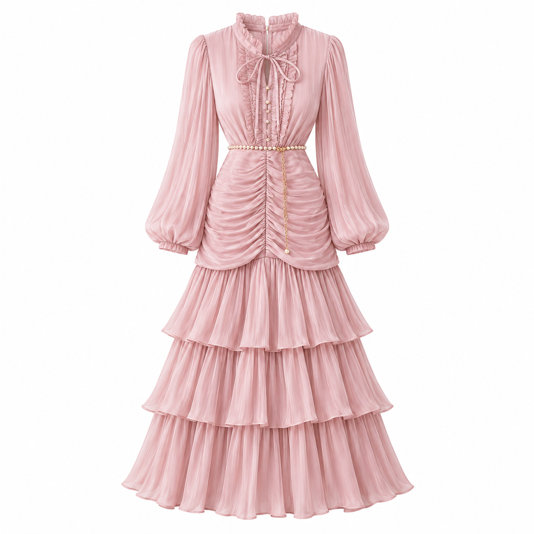 Elegant Ruched Chiffon Midi Dress - Romantic