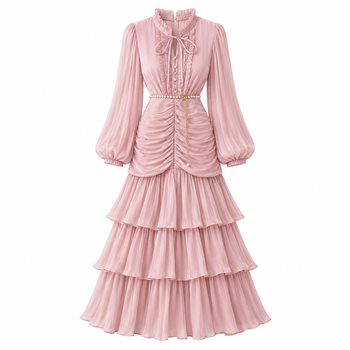 Elegant Ruched Chiffon Midi Dress - Romantic