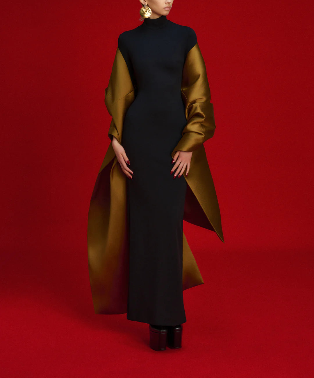 high-neck column gown with sculpted satin sleeves – LYANA