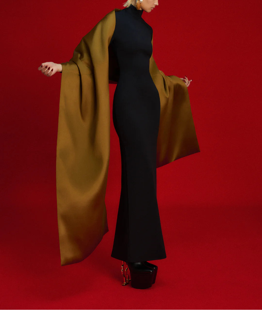 high-neck column gown with sculpted satin sleeves – LYANA