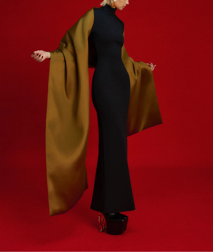high-neck column gown with sculpted satin sleeves – LYANA
