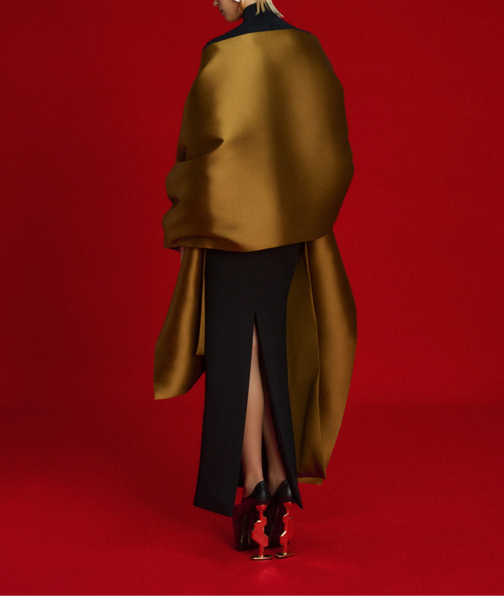 high-neck column gown with sculpted satin sleeves – LYANA