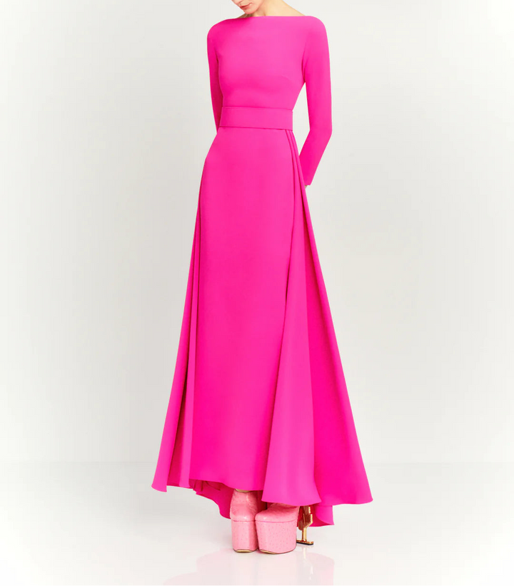 long-sleeve flared maxi dress with structured waist – SHAYLA