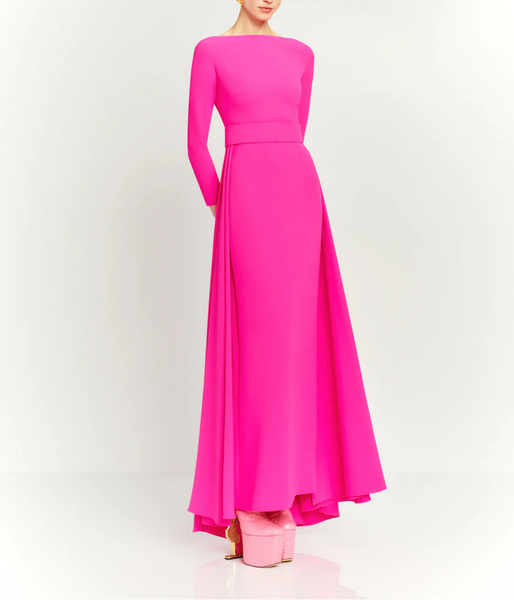 long-sleeve flared maxi dress with structured waist – SHAYLA