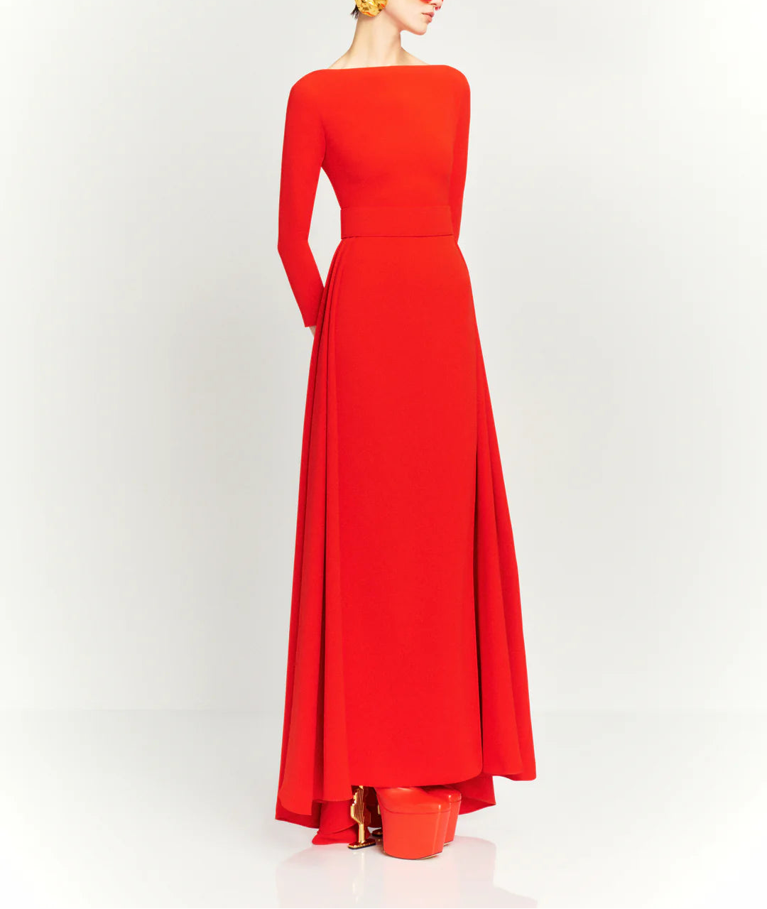 long-sleeve flared maxi dress with structured waist – SHAYLA