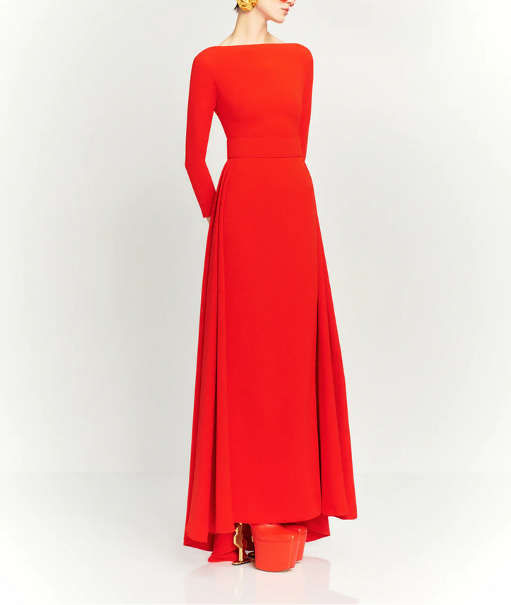 long-sleeve flared maxi dress with structured waist – SHAYLA