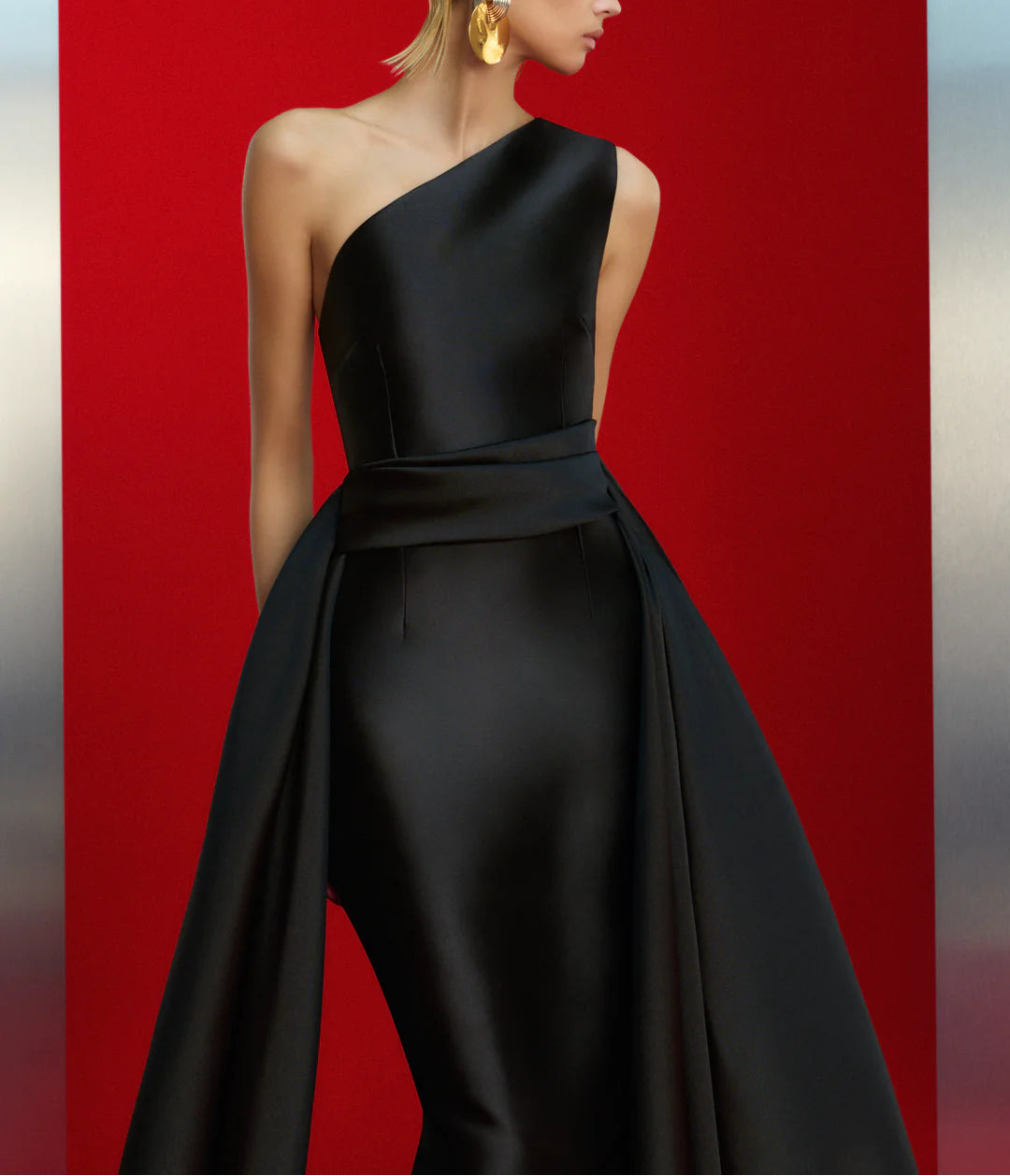 one-shoulder ball gown with pleated draped overskirt – CHARO