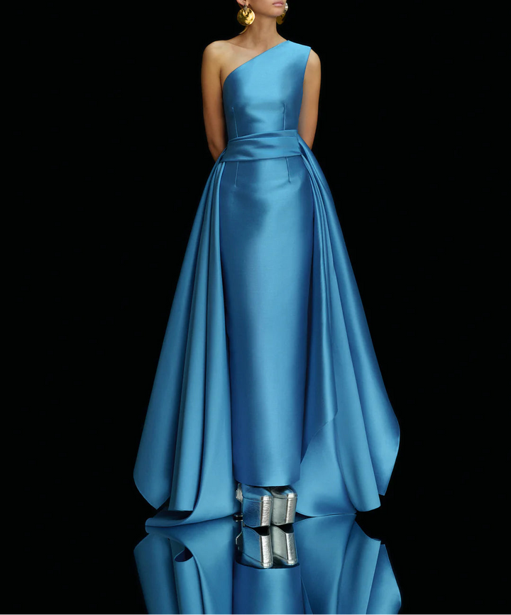 one-shoulder ball gown with pleated draped overskirt – CHARO