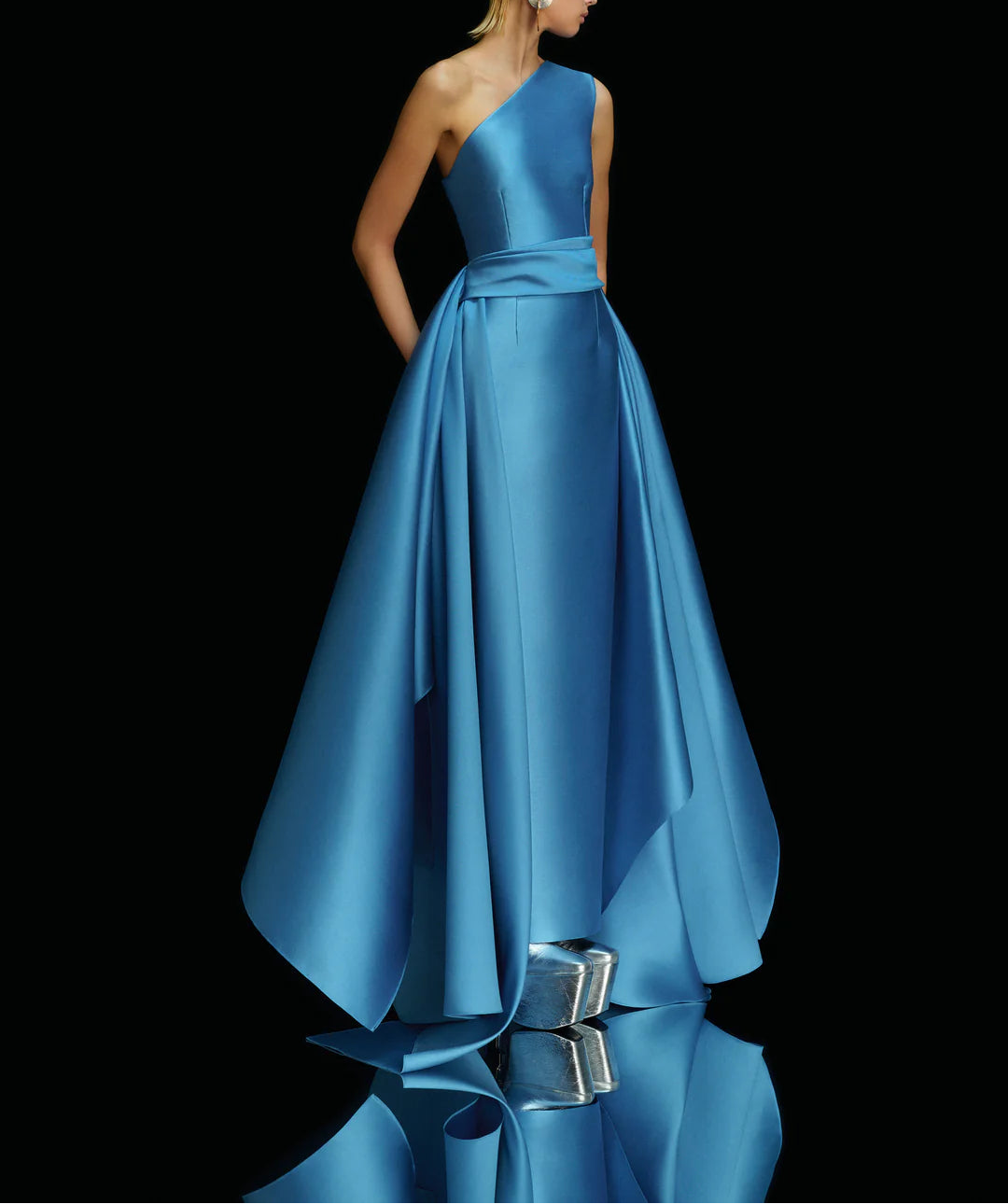 one-shoulder ball gown with pleated draped overskirt – CHARO