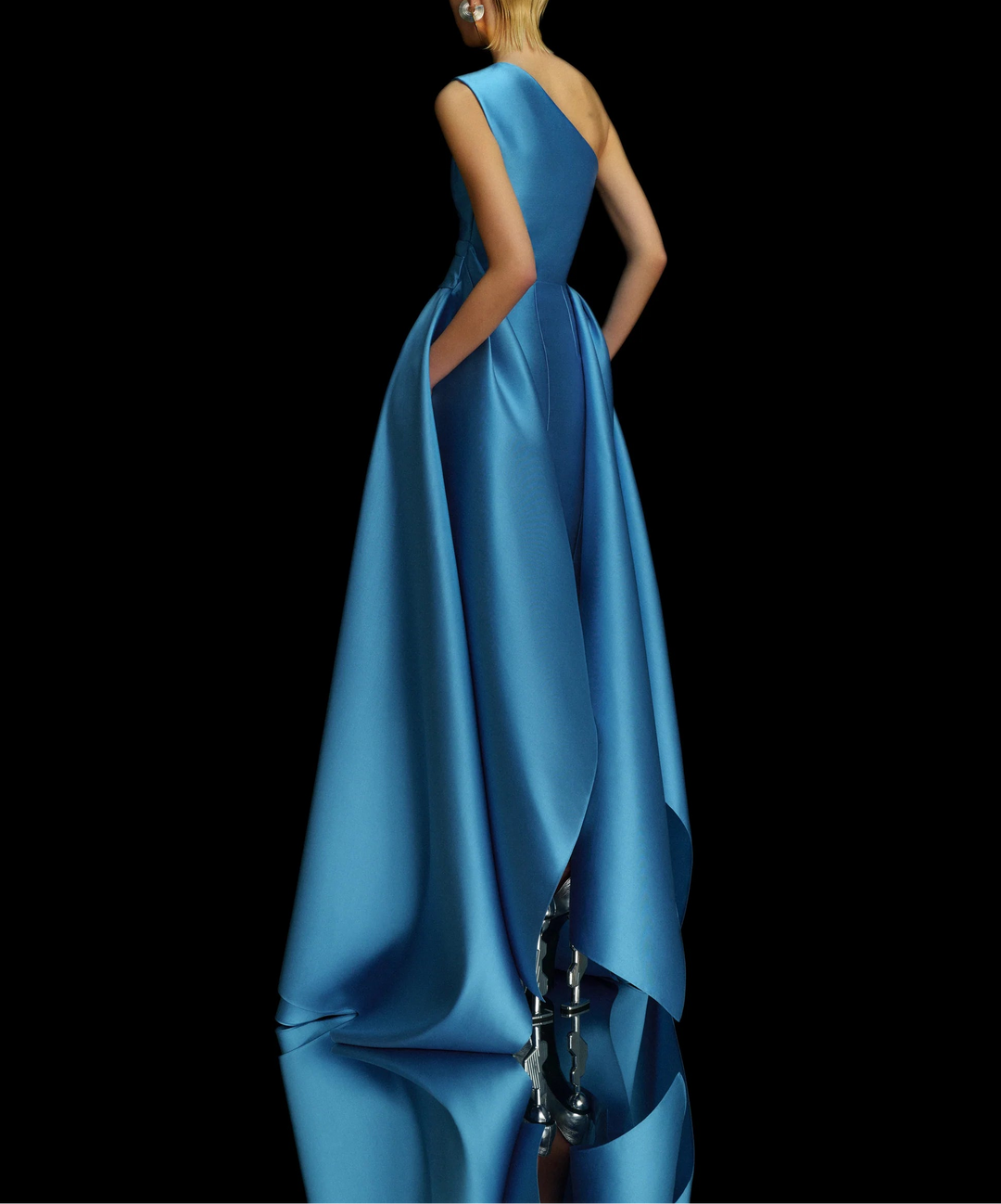 one-shoulder ball gown with pleated draped overskirt – CHARO