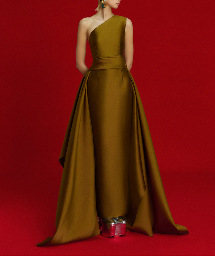 one-shoulder ball gown with pleated draped overskirt – CHARO