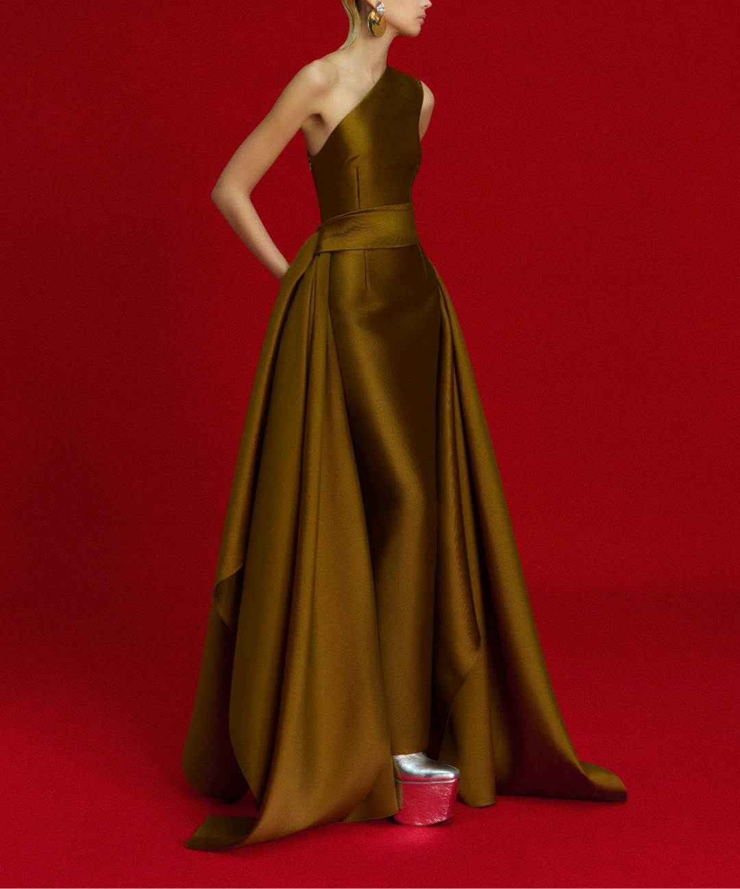 one-shoulder ball gown with pleated draped overskirt – CHARO