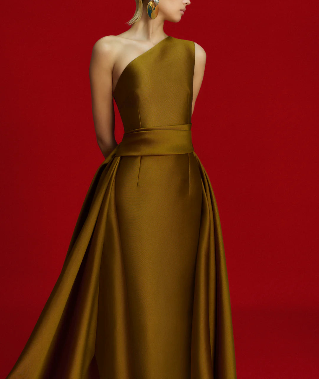 one-shoulder ball gown with pleated draped overskirt – CHARO