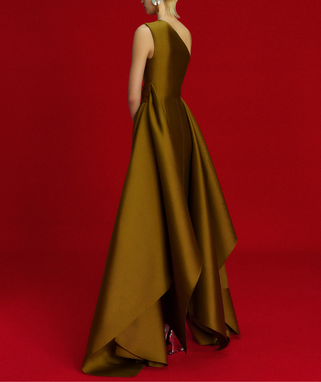 one-shoulder ball gown with pleated draped overskirt – CHARO