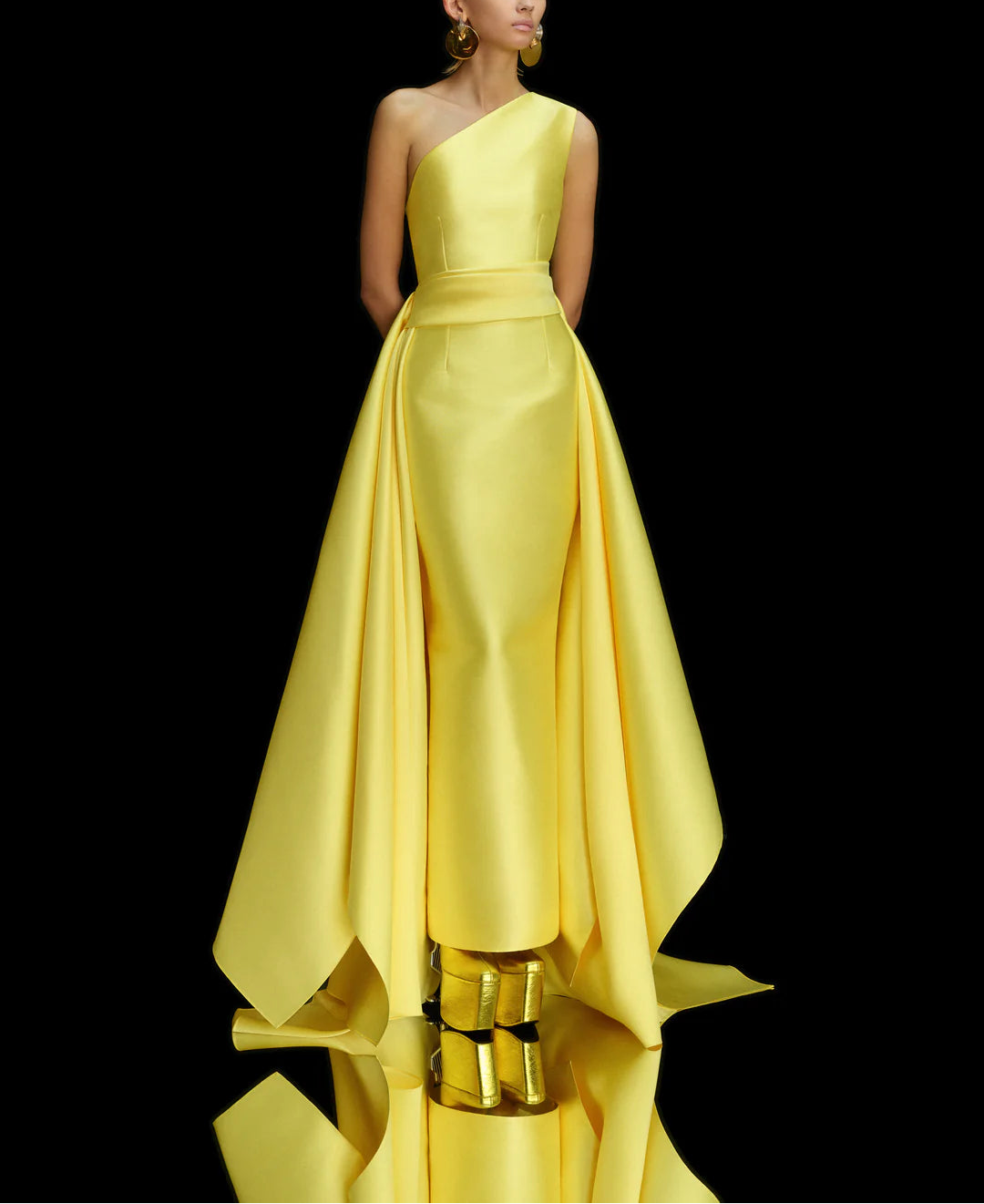one-shoulder ball gown with pleated draped overskirt – CHARO