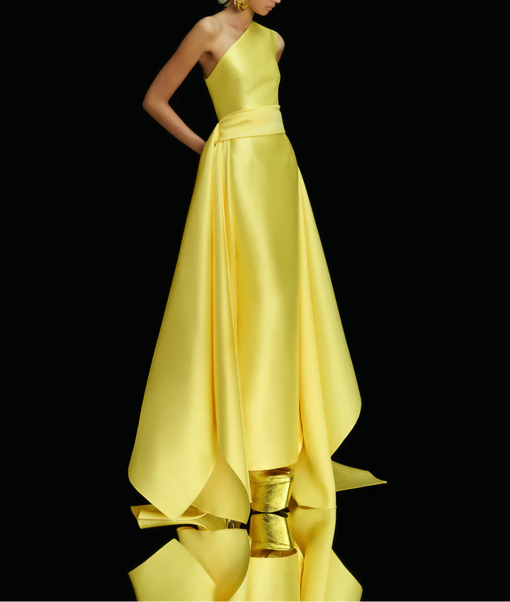 one-shoulder ball gown with pleated draped overskirt – CHARO