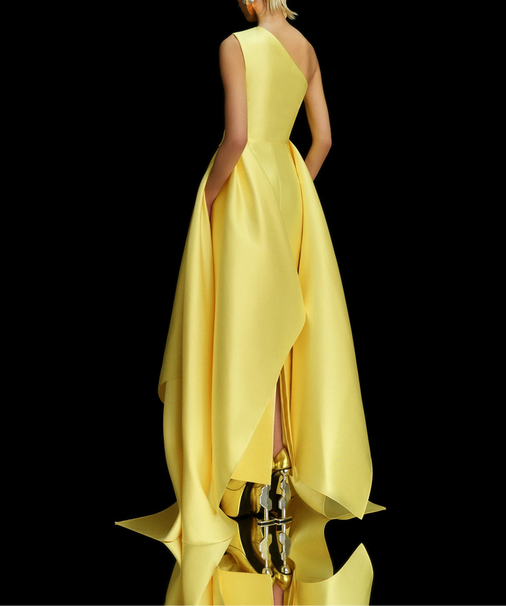 one-shoulder ball gown with pleated draped overskirt – CHARO