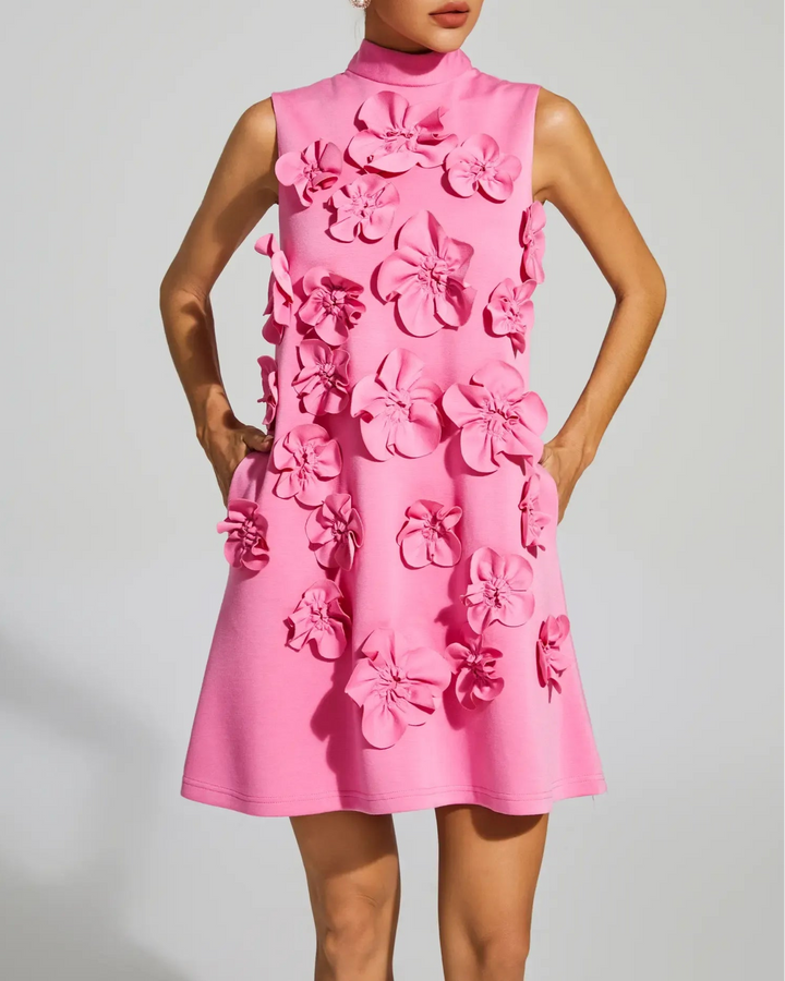 Sleeveless A-line mini dress with 3D floral appliqués – BLOOMZI