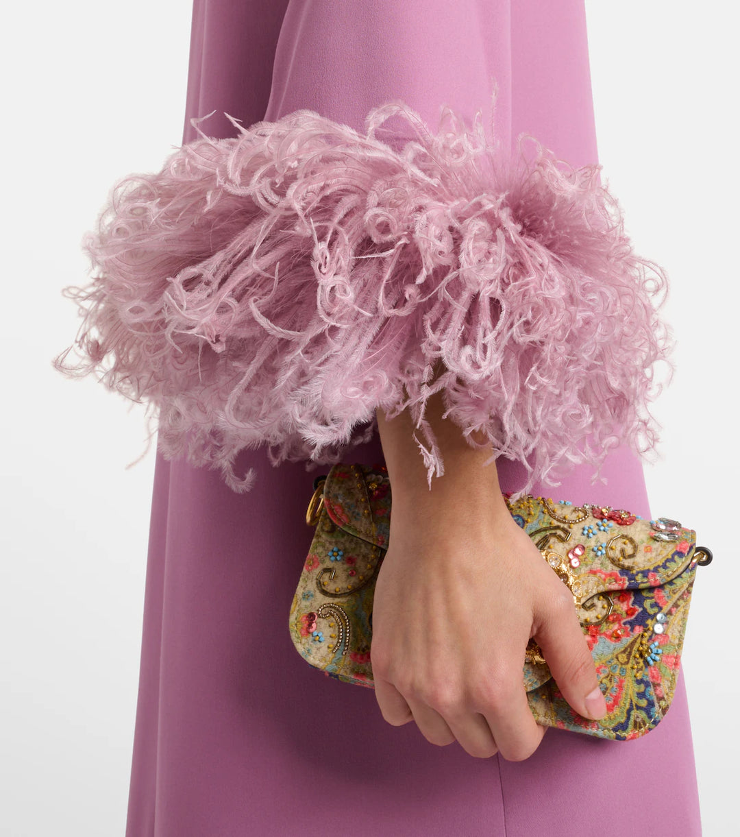 Rose Pink Feather Cuff Maxi Dress - Camellia