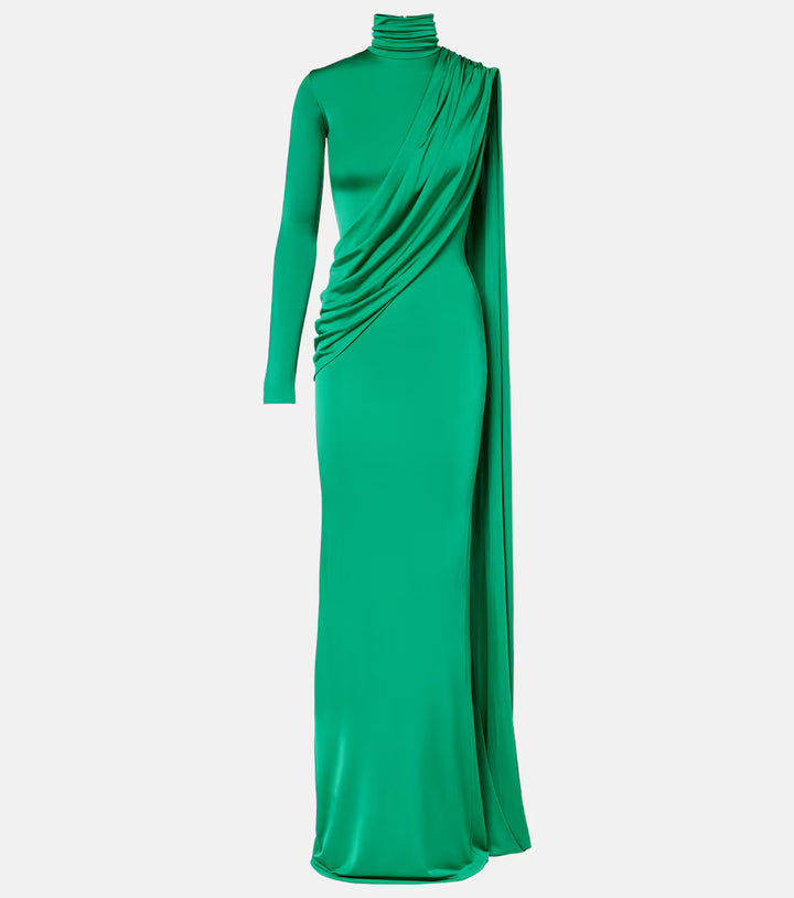 Emerald Draped Cape Evening Gown - Elara