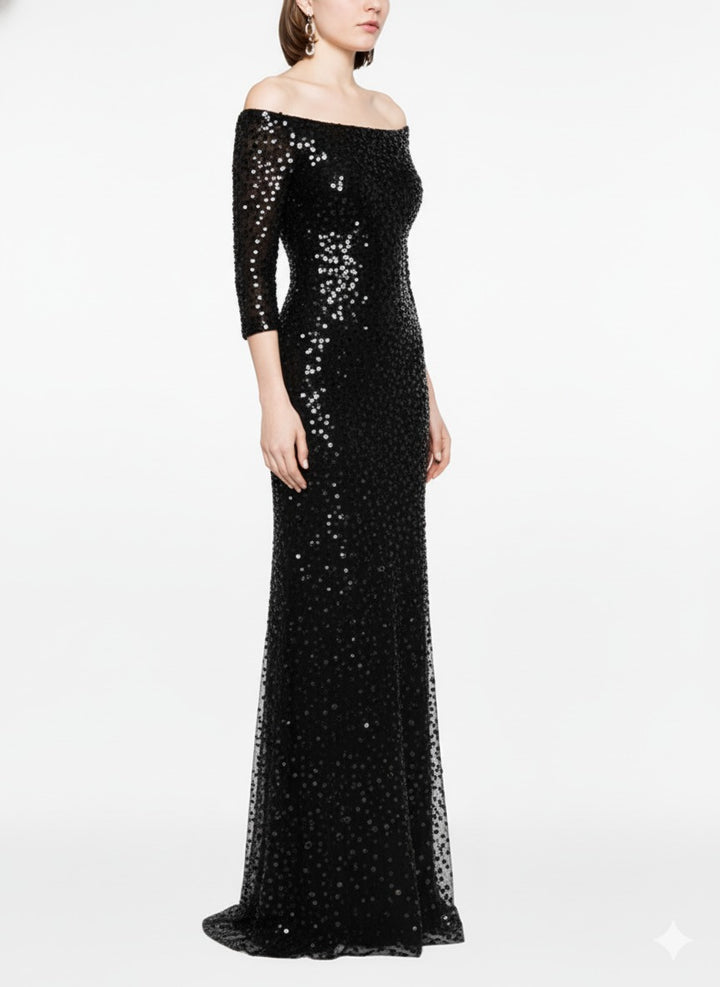 off-shoulder sequin gown with sheer sleeves – MIDNIGHT