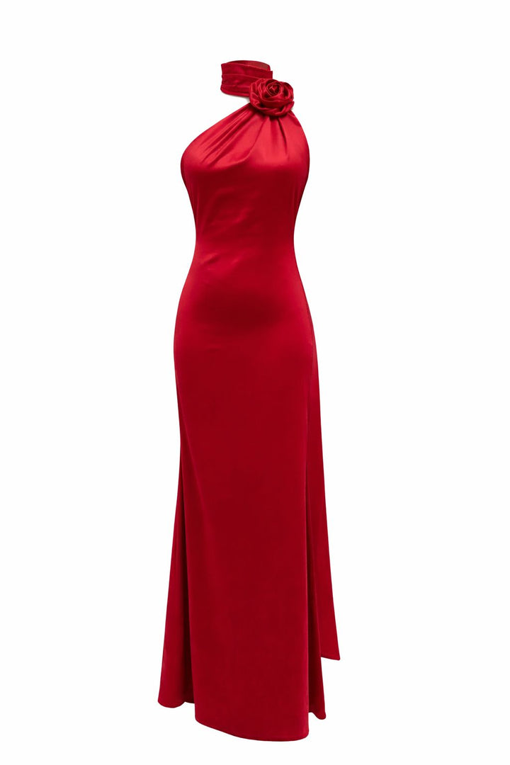 halter-neck satin maxi dress with sculpted floral choker detail – RUBY